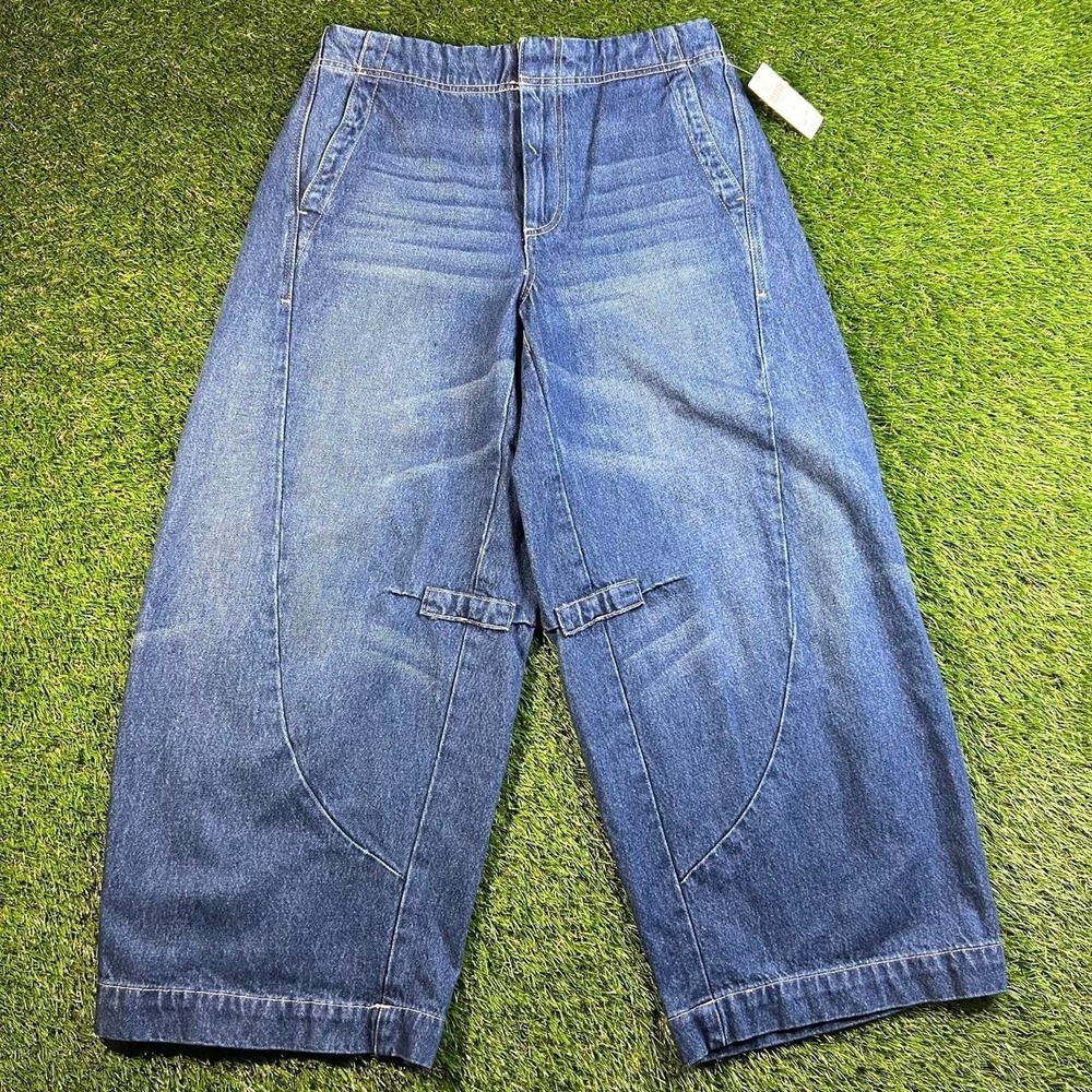 Pilcro Arin Womens 28 Barrel Jeans Blue Denim Mid Rise Button Front Buckle Back